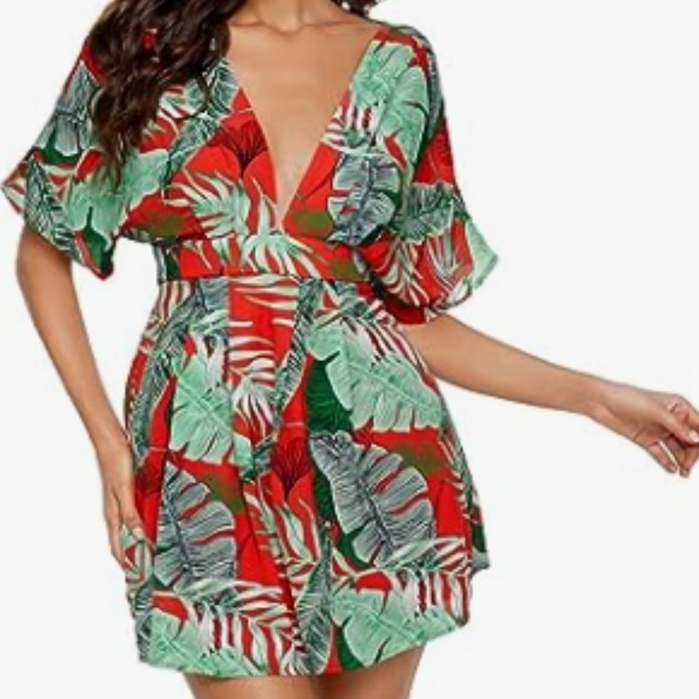 Women's Backless‎ Tropical Leaf V Neck Mini Dress - Size Small